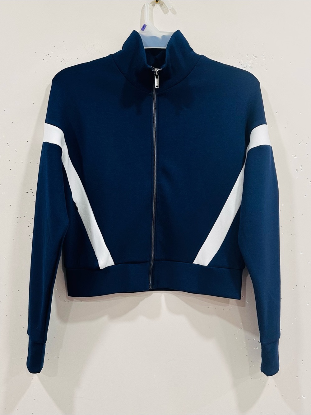 SPANX AirEssentials Striped Track Jacket Navy Blue White Crop Zip Up Size S / P
